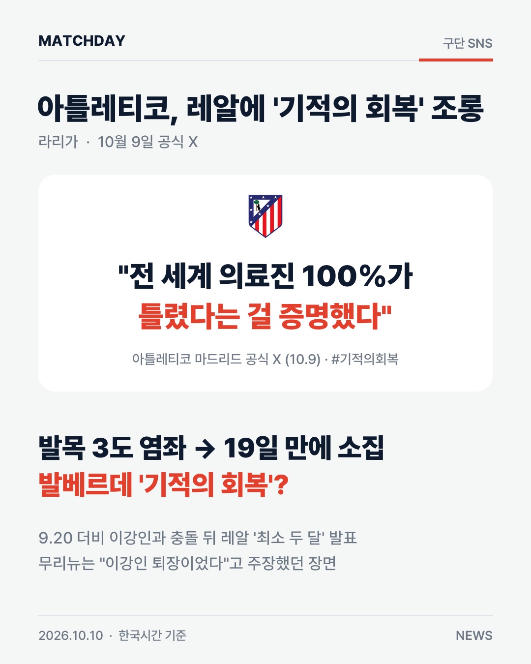 아틀레티코, 레알에 '기적의 회복' 조롱… 전 세계 의료진이 틀렸다 경기 리포트 1