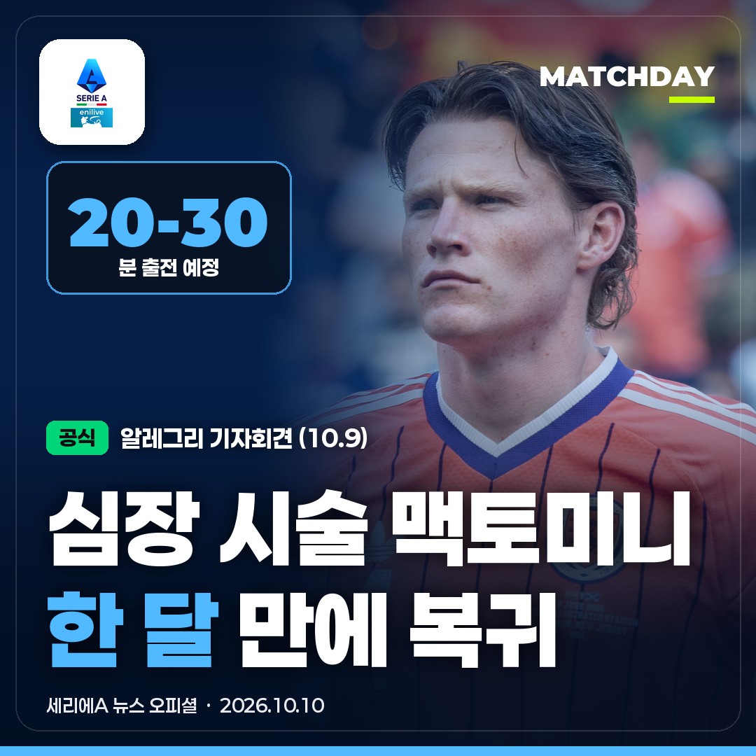 심장 시술 맥토미니, 한 달 만에 복귀…알레그리 "20~30분 뛴다"