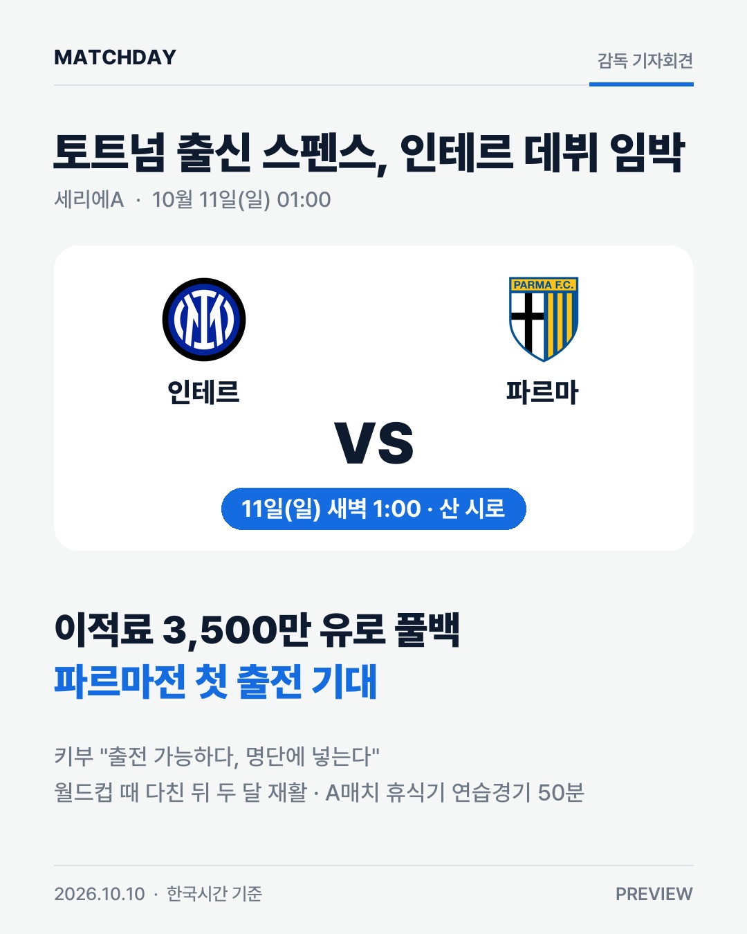 토트넘 출신 스펜스, 인테르 데뷔 임박…키부  출전 가능 경기 리포트 1