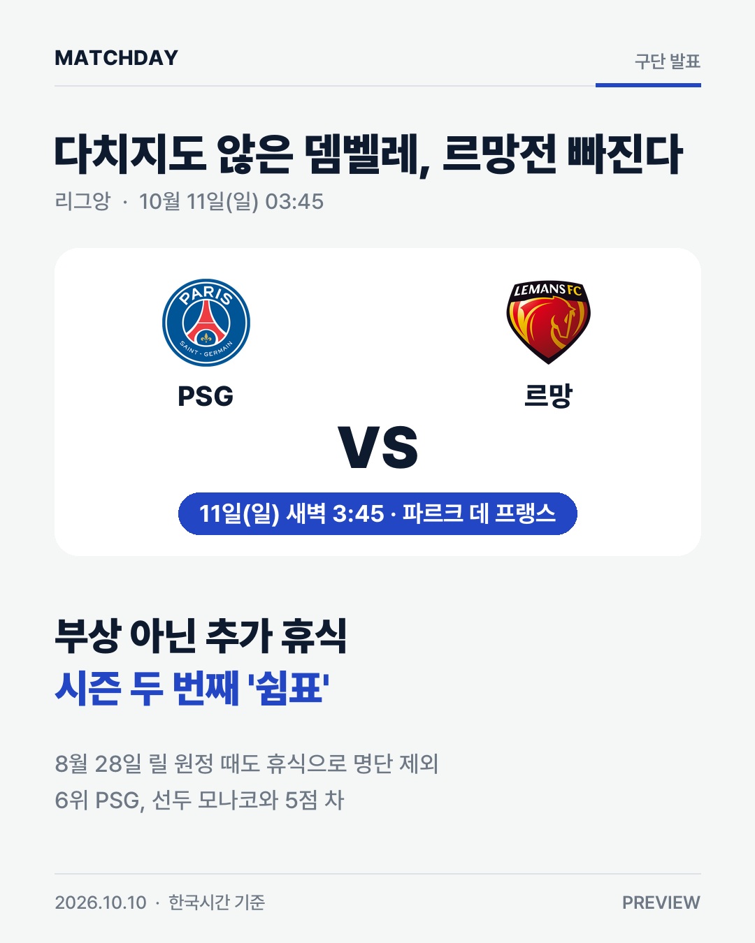 다치지도 않은 뎀벨레, 르망전 빠진다…시즌 두 번째 '추가 휴식' 경기 리포트 1