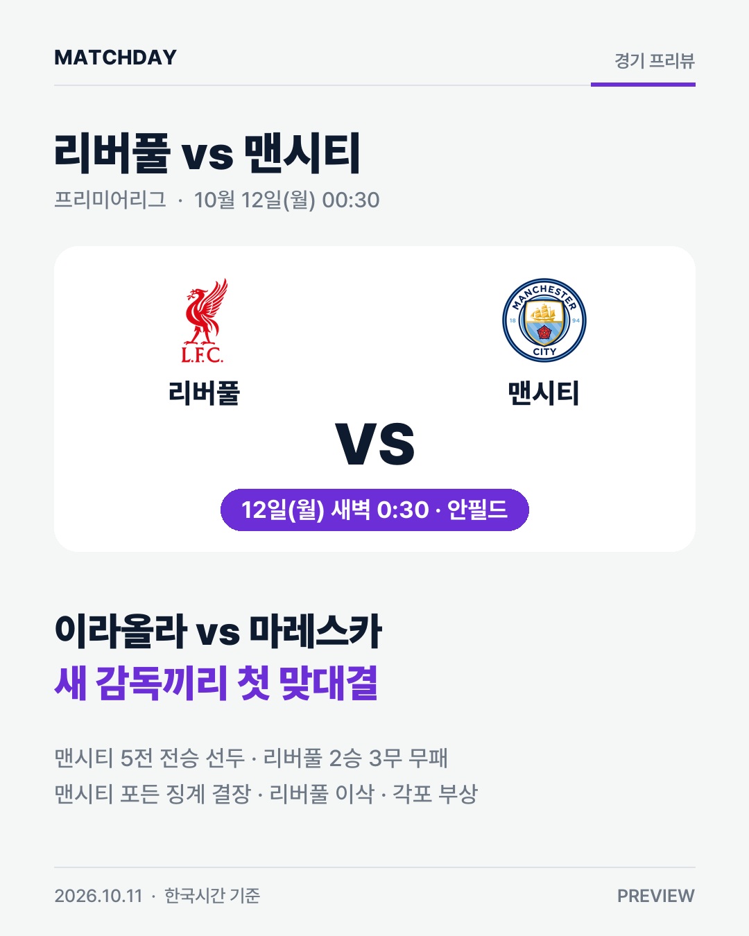 오늘 밤 리버풀-맨시티…새 감독끼리 첫 맞대결 경기 리포트 1