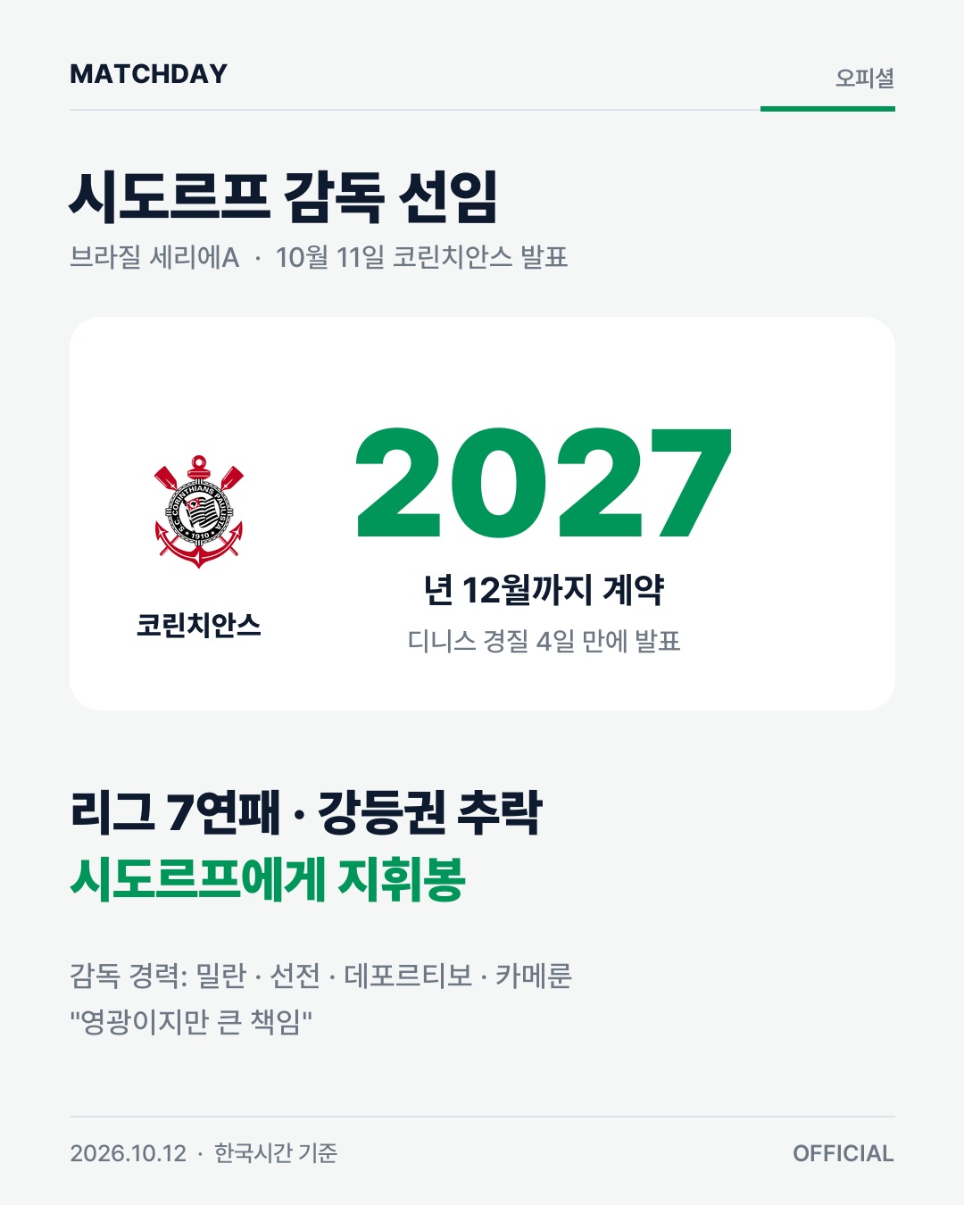 7연패 코린치안스, 시도르프 감독 선임…2027년까지 경기 리포트 1
