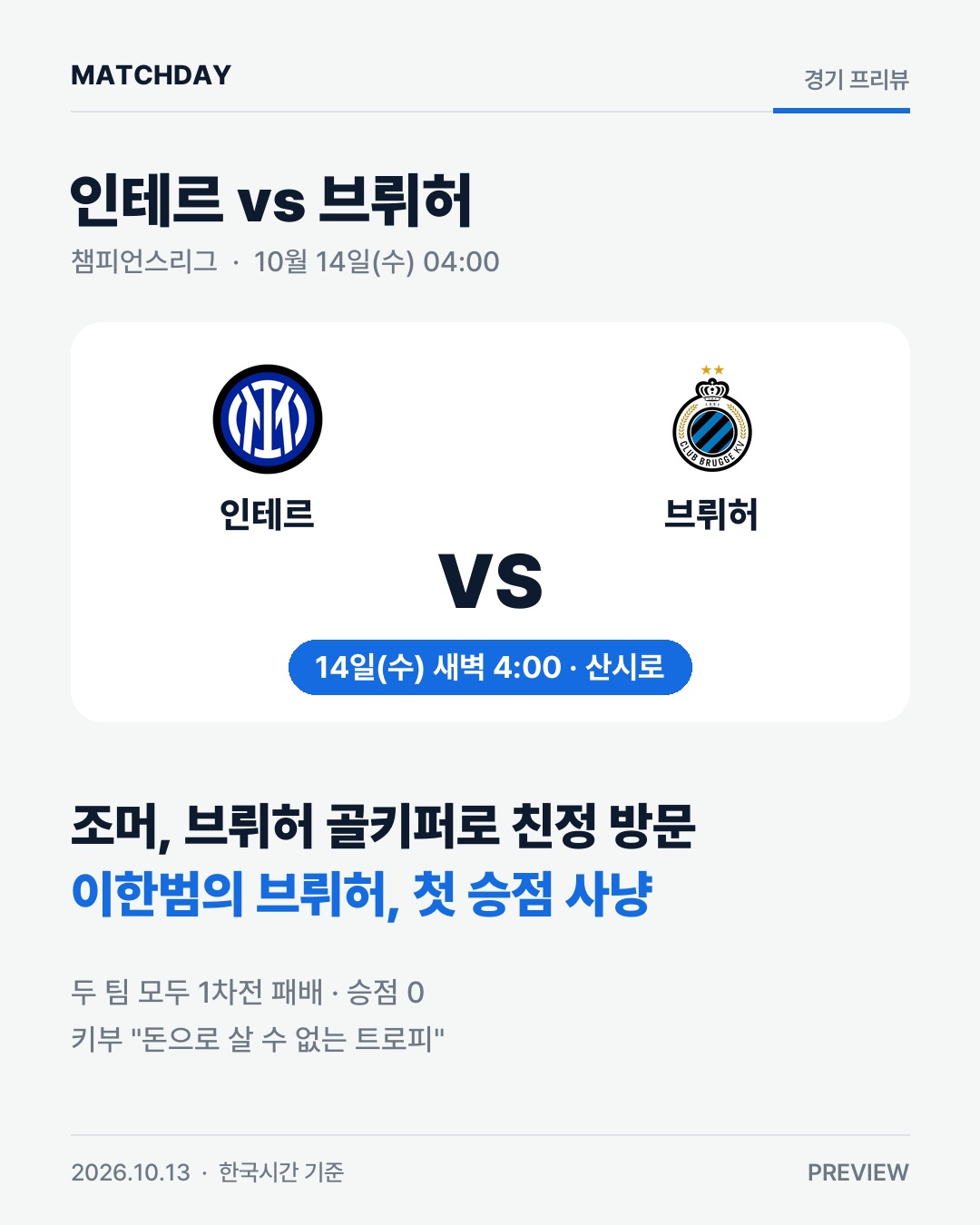 조머, 브뤼허 골키퍼로 산시로 간다…이한범의 인테르 원정 경기 리포트 1