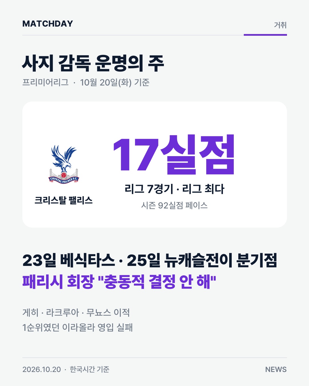 크리스탈팰리스 사지 경질위기 리포트